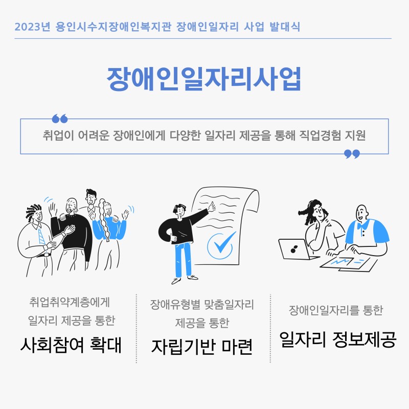 장애인일자리사업 취업이 어려운 장애인에게 다양한 일자리 제공을 통해 직업경험 지원, 사회참여 확대, 자립기반 마련, 일자리 정보제공